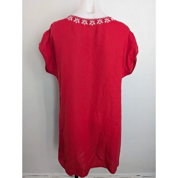 New Zara Basic Size Large Embroidered Shift Dress Red White Linen Short Sleeves - Picture 7 of 16